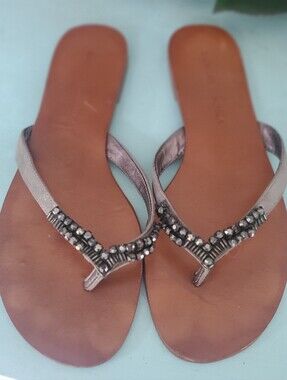 Badgley Mischka Metallic Pewter Beaded Thong Sandals